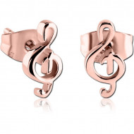 ROSE GOLD PVD COATED SURGICAL STEEL EAR STUDS PAIR - MUSIC NOTE