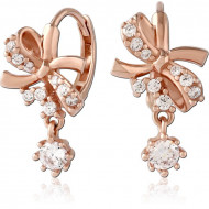 STERLING SILVER 925 ROSE GOLD PLATED HOOP EARRINGS WITH JEWELED BOW