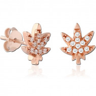 STERLING SILVER 925 ROSE GOLD PLATED JEWELED EAR STUDS PAIR - LEAF