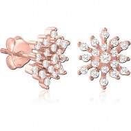 STERLING SILVER 925 ROSE GOLD PLATED JEWELED EAR STUDS PAIR - FLOWER