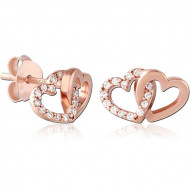 STERLING SILVER 925 ROSE GOLD PLATED JEWELED EAR STUDS - HEART
