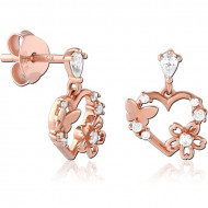 STERLING SILVER 925 ROSE GOLD PLATED JEWELED EAR STUDS PAIR - HEART