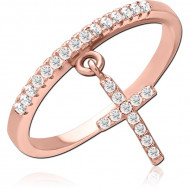 STERLING SILVER 925 ROSE GOLD PLATED JEWELED RING WITH JEWELED CROSS CHARM