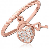 STERLING SILVER 925 ROSE GOLD PLATED RING WITH JEWELED HEART AND KEY CHARM