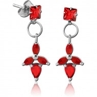 SURGICAL STEEL JEWELLED EAR STUDS PAIR - SQUARE WITH DANGLING TRINITY