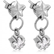 SURGICAL STEEL JEWELED EAR STUDS PAIR - STAR WITH DANGLING STAR STONE