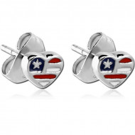 SURGICAL STEEL EAR STUDS PAIR - HEART USA FLAG