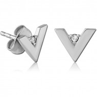 SURGICAL STEEL JEWELED EAR STUDS PAIR - V
