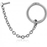 STAINLESS STEEL CRYSTAL JEWELED NOSE BONE AND SEAMLESS RING WITH CHAIN PIERCING