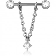 SURGICAL STEEL JEWELED NIPPLE BAR WITH CHAIN PIERCING