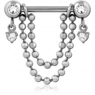 SURGICAL STEEL JEWELED NIPPLE BAR WITH CHAIN PIERCING