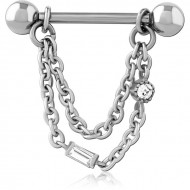 SURGICAL STEEL JEWELED NIPPLE BAR WITH CHAIN PIERCING
