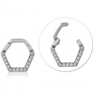 SURGICAL STEEL HINGE SEGMENT RING GEOMETRIC PAVE CLEAR GEM FRONT