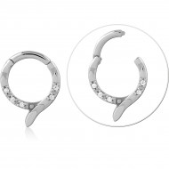 316L SURGICAL STEEL HINGE SEGMENT RING WITH HOOKED TIP AND CLEAR GEMS