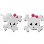 STERLING SILVER 925 EAR STUDS PAIR WITH ENAMEL - SKULL WITH BOW