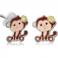 STERLING SILVER 925 EAR STUDS PAIR WITH ENAMEL - MONKEY