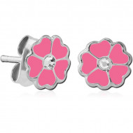 STERLING SILVER 925 JEWELLED EAR STUDS PAIR WITH ENAMEL - FLOWER