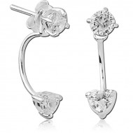 STERLING SILVER 925 JEWELLED BACK EARRINGS WITH STUD PAIR - ROUND AND HEART PIERCING