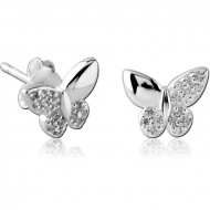 STERLING SILVER 925 JEWELLED EAR STUDS PAIR - BUTTERFLY PIERCING