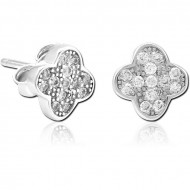 STERLING SILVER 925 JEWELLED EAR STUDS PAIR - FLOWER PIERCING