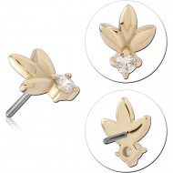 14K YELLOW GOLD TOP WITH TITANIUM THREADLESS PIN LEAF WITH SINGLE CLEAR GEM