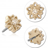 14K YELLOW GOLD TOP WITH TITANIUM THREADLESS PIN OPEN FLOWER WITH CENTER CLEAR GEM