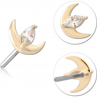 14K YELLOW GOLD TOP WITH TITANIUM THREADLESS PIN CRESCENT MOON WITH MARQUISE CLEAR GEM