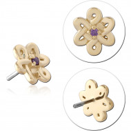 14K YELLOW GOLD TOP WITH TITANIUM THREADLESS PIN OPEN FLOWER PURPLE GEM