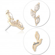 14K YELLOW GOLD ATTACHMENT WITH TITANIUM THREADLESS PIN LEFT CURVE THREE MARQUISE CLEAR GEMS