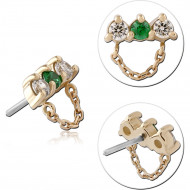 14K YELLOW GOLD TOP WITH TITANIUM THREADLESS PIN TRIPLE GEM BAR WITH DOUBLE CHAIN