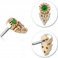 14K YELLOW GOLD TOP WITH TITANIUM THREADLESS PIN TEARDROP GEM CLUSTER GREEN AND CLEAR