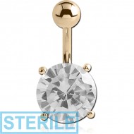 STERILE 14K GOLD ROUND PRONG SET 10MM CZ NAVEL BANANA WITH HOLLOW TOP BALL