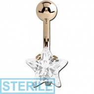 STERILE 14K GOLD STAR PRONG SET 8MM CZ NAVEL BANANA WITH HOLLOW TOP BALL