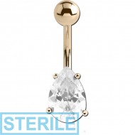 STERILE 14K GOLD PEAR PRONG SET 5X7MM CZ NAVEL BANANA WITH HOLLOW TOP BALL