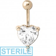 STERILE 14K GOLD HEART PRONG SET 8MM CZ NAVEL BANANA WITH HOLLOW TOP BALL