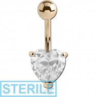 STERILE 14K GOLD HEART PRONG SET 6MM CZ NAVEL BANANA WITH HOLLOW TOP BALL