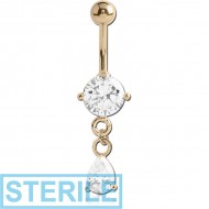 STERILE 14K GOLD OVAL CZ DANGLE NAVEL BANANA WITH HOLLOW TOP BALL