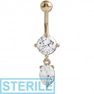 STERILE 14K GOLD OVAL CZ DANGLE NAVEL BANANA WITH HOLLOW TOP BALL