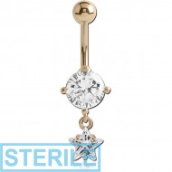 STERILE 14K GOLD STAR CZ DANGLE NAVEL BANANA WITH HOLLOW TOP BALL