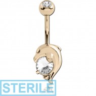 STERILE 14K GOLD CZ DOLPHIN NAVEL BANANA WITH JEWELLED TOP BALL