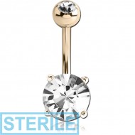 STERILE 14K GOLD ROUND PRONG SET 6MM CZ NAVEL BANANA WITH JEWELLED TOP BALL