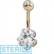 STERILE 14K GOLD FLOWER PRONG SET CZ NAVEL BANANA WITH JEWELLED TOP BALL