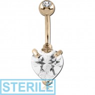 STERILE 14K GOLD HEART PRONG SET 8MM CZ NAVEL BANANA WITH JEWELLED TOP BALL