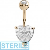 STERILE 14K GOLD HEART PRONG SET 6MM CZ NAVEL BANANA WITH JEWELLED TOP BALL