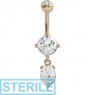 STERILE 14K GOLD OVAL CZ DANGLE NAVEL BANANA WITH JEWELLED TOP BALL