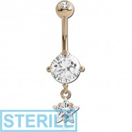 STERILE 14K GOLD STAR CZ DANGLE NAVEL BANANA WITH JEWELLED TOP BALL