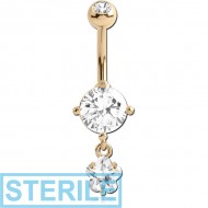 STERILE 14K GOLD FLOWER CZ DANGLE NAVEL BANANA WITH JEWELLED TOP BALL