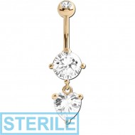 STERILE 14K GOLD HEART CZ DANGLE NAVEL BANANA WITH JEWELLED TOP BALL