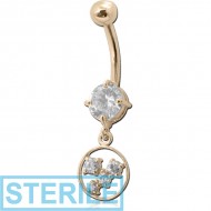 STERILE 14K GOLD CZ HOOP CHARM NAVEL BANANA WITH HOLLOW TOP BALL