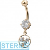 STERILE 14K GOLD CZ HOOP CHARM NAVEL BANANA WITH HOLLOW TOP BALL